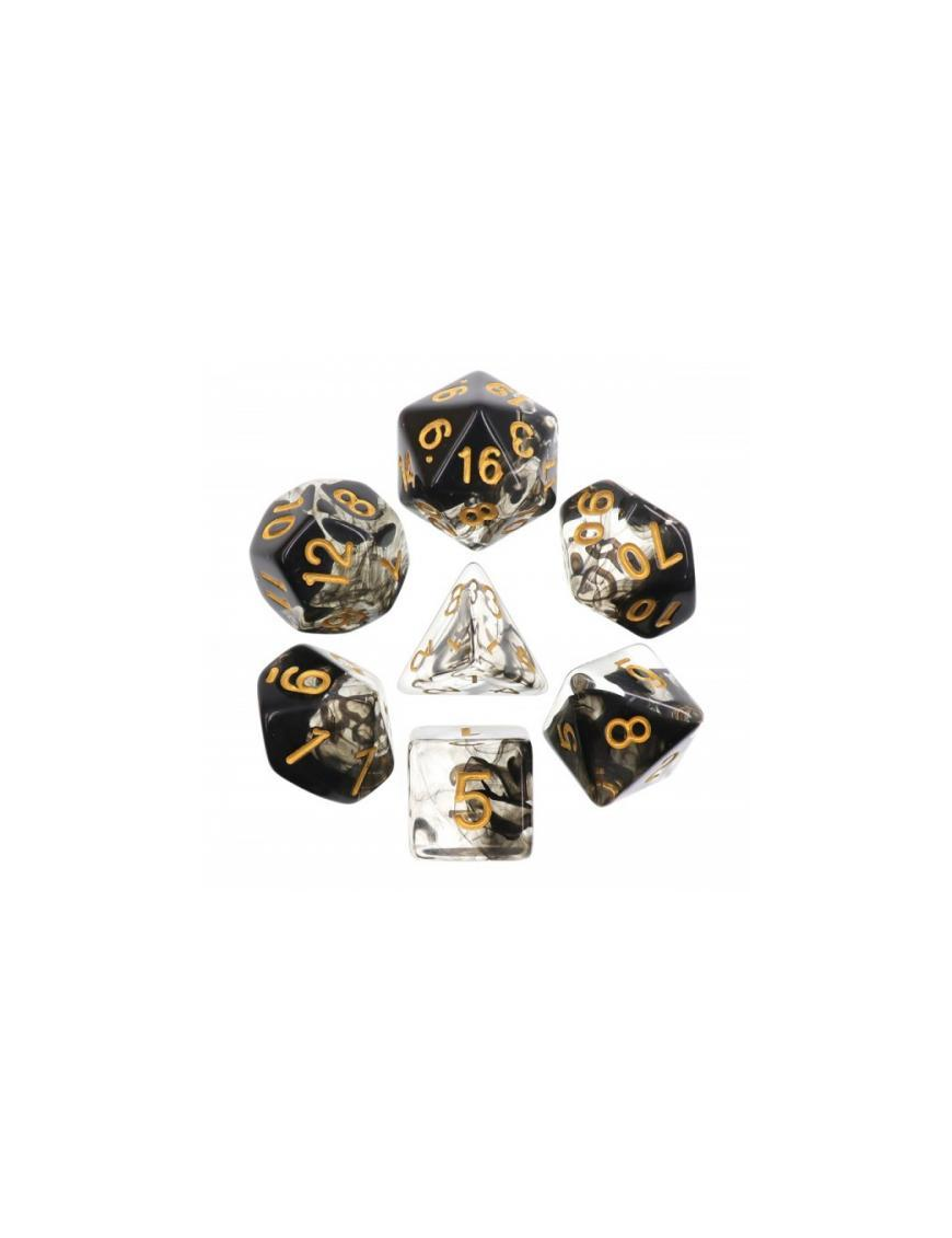 Lot de 7 dés Noir et Transparent Dark Cloud FR Ludistri