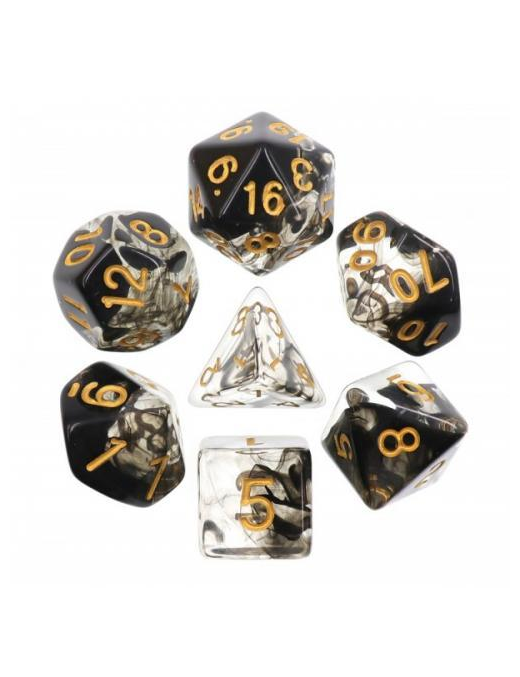 Lot de 7 dés Noir et Transparent Dark Cloud FR Ludistri